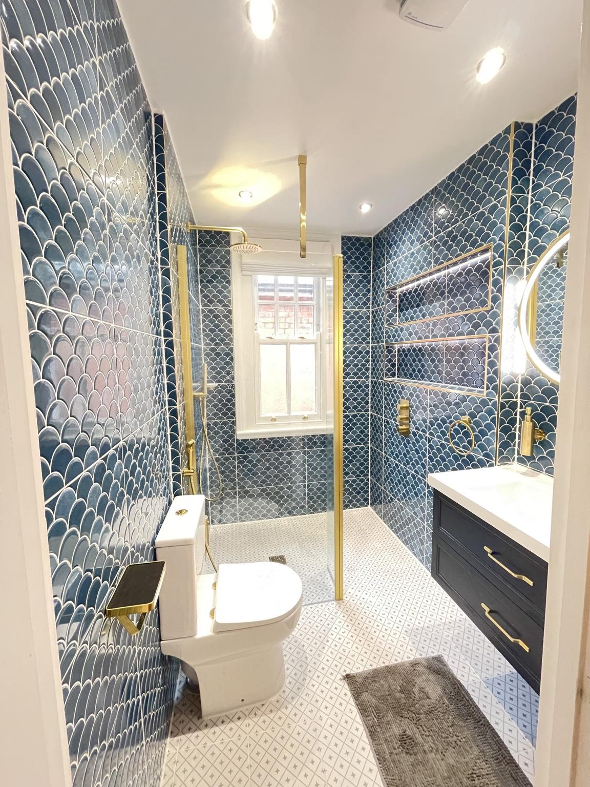 Blue and gold luxury wetroom — completed bathroom