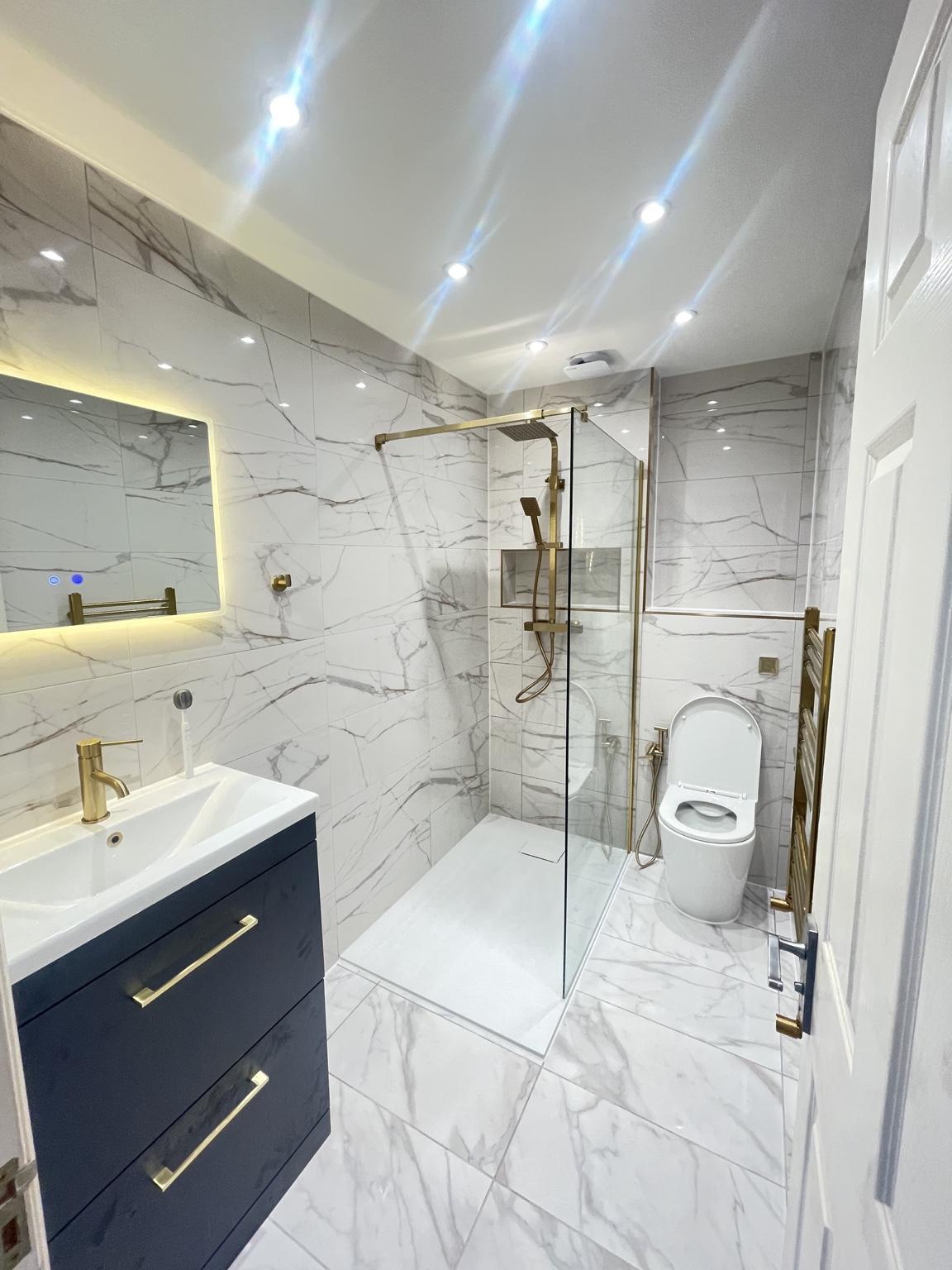 Luxury marble walk-in shower — completed bathroom
