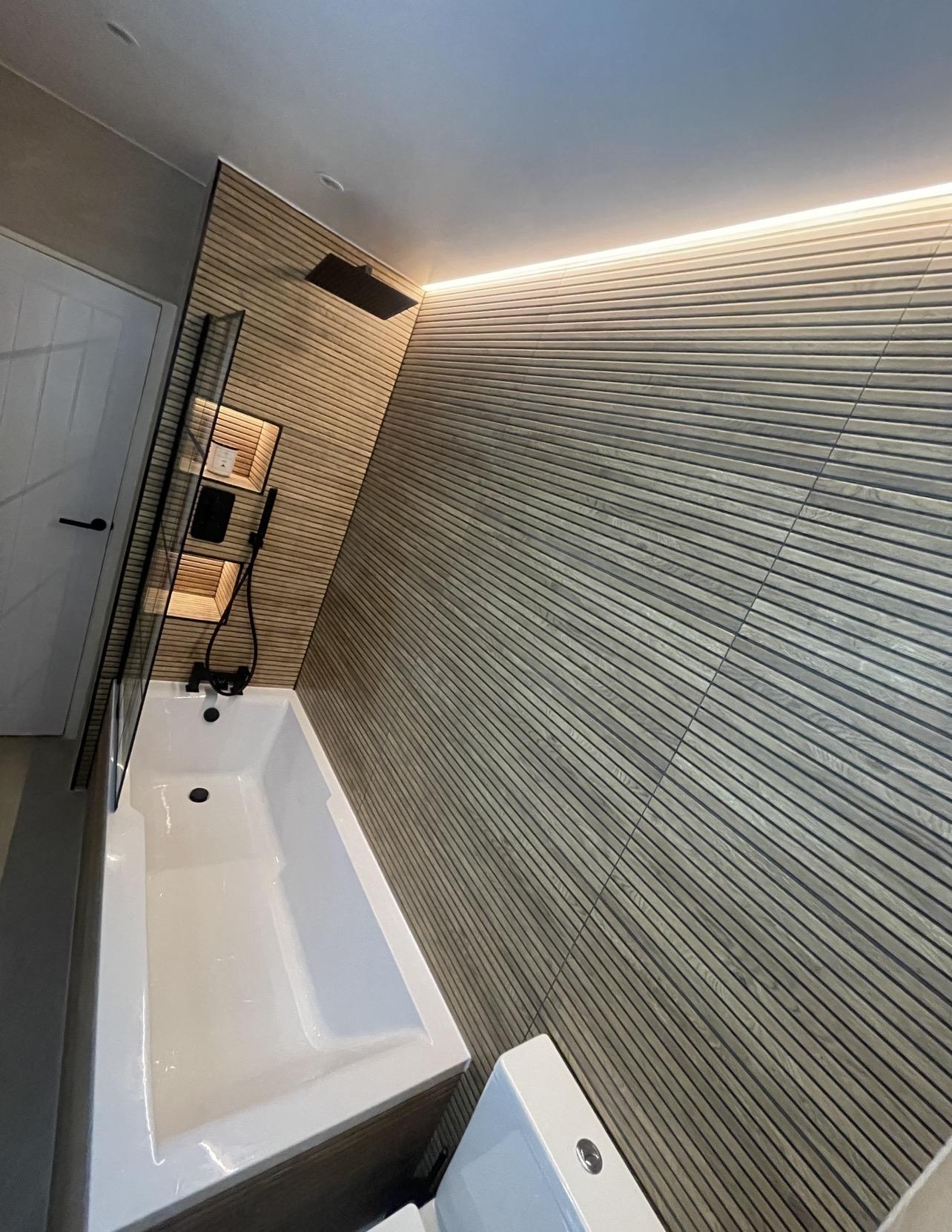 Completed bath and shower with ceiling LED feature