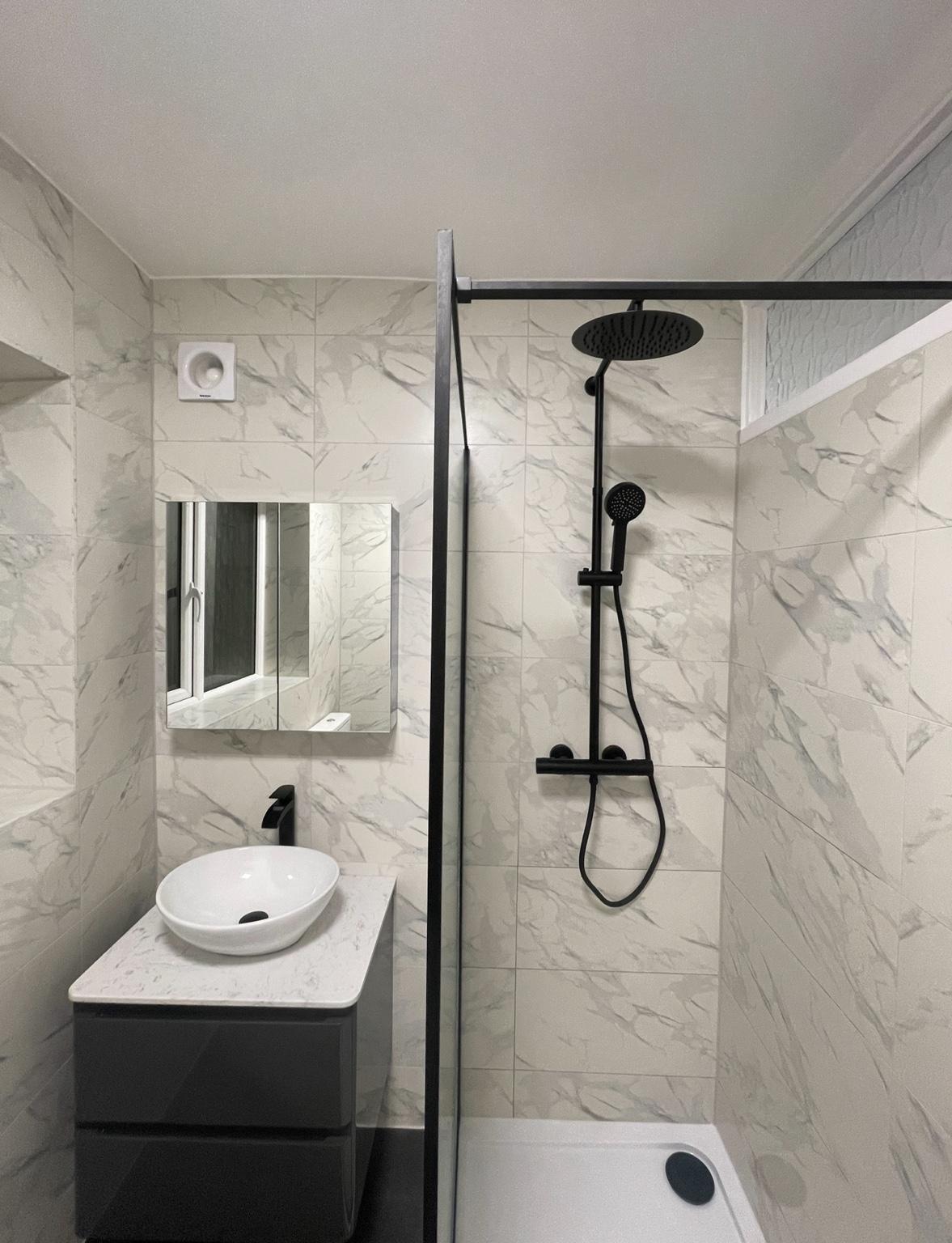 Monochrome Marble-Effect Shower Room — completed bathroom
