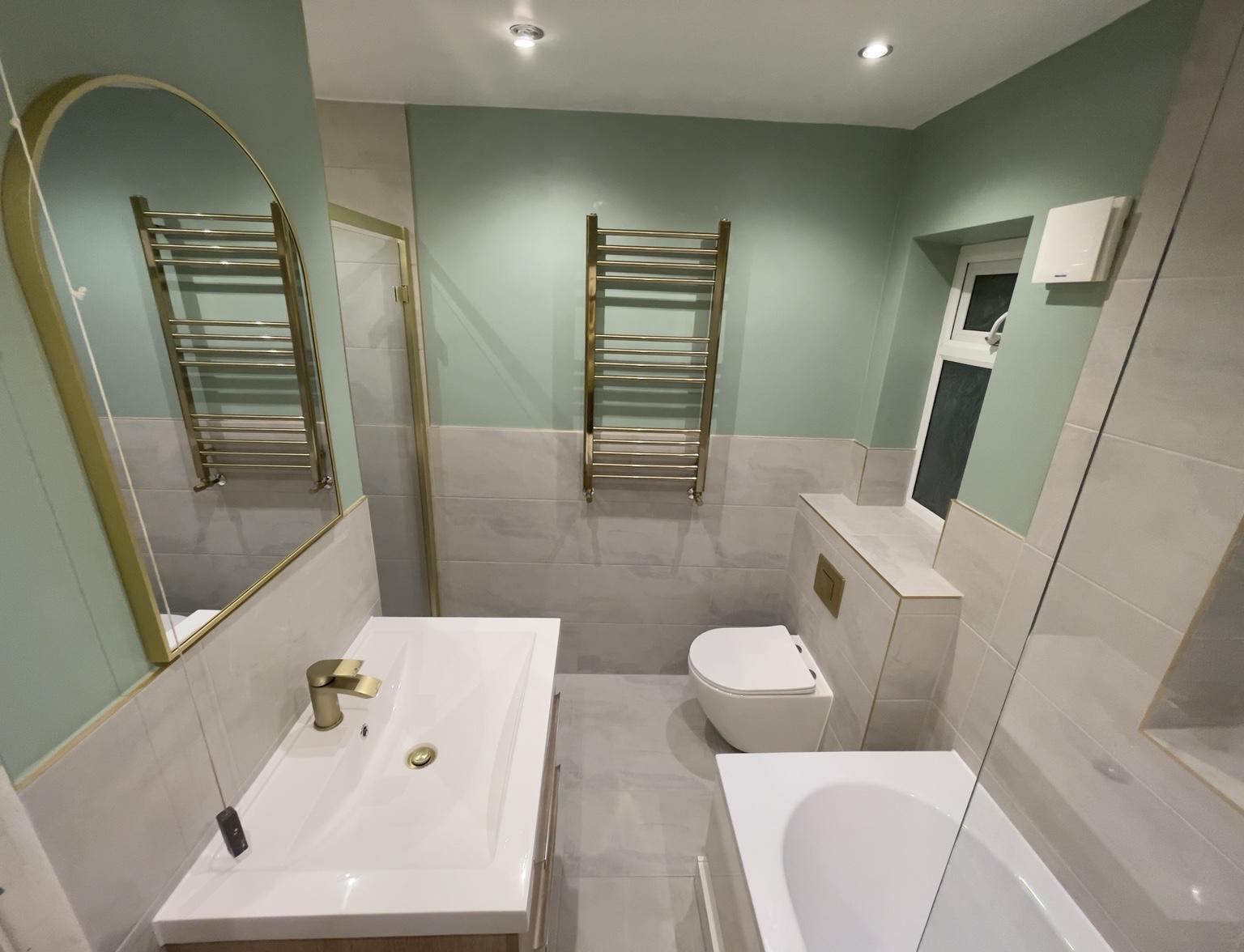 Sage Green & Brushed-Gold Bathroom Transformation — completed bathroom